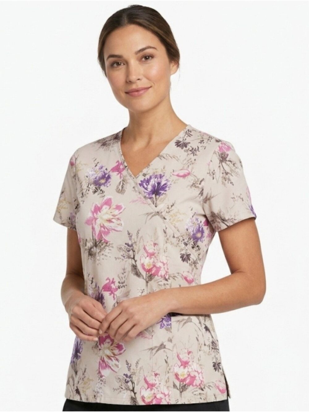 SB Scrubs Floral V-Neck Scrub Top Women's Medium Offwhite Multi-Color